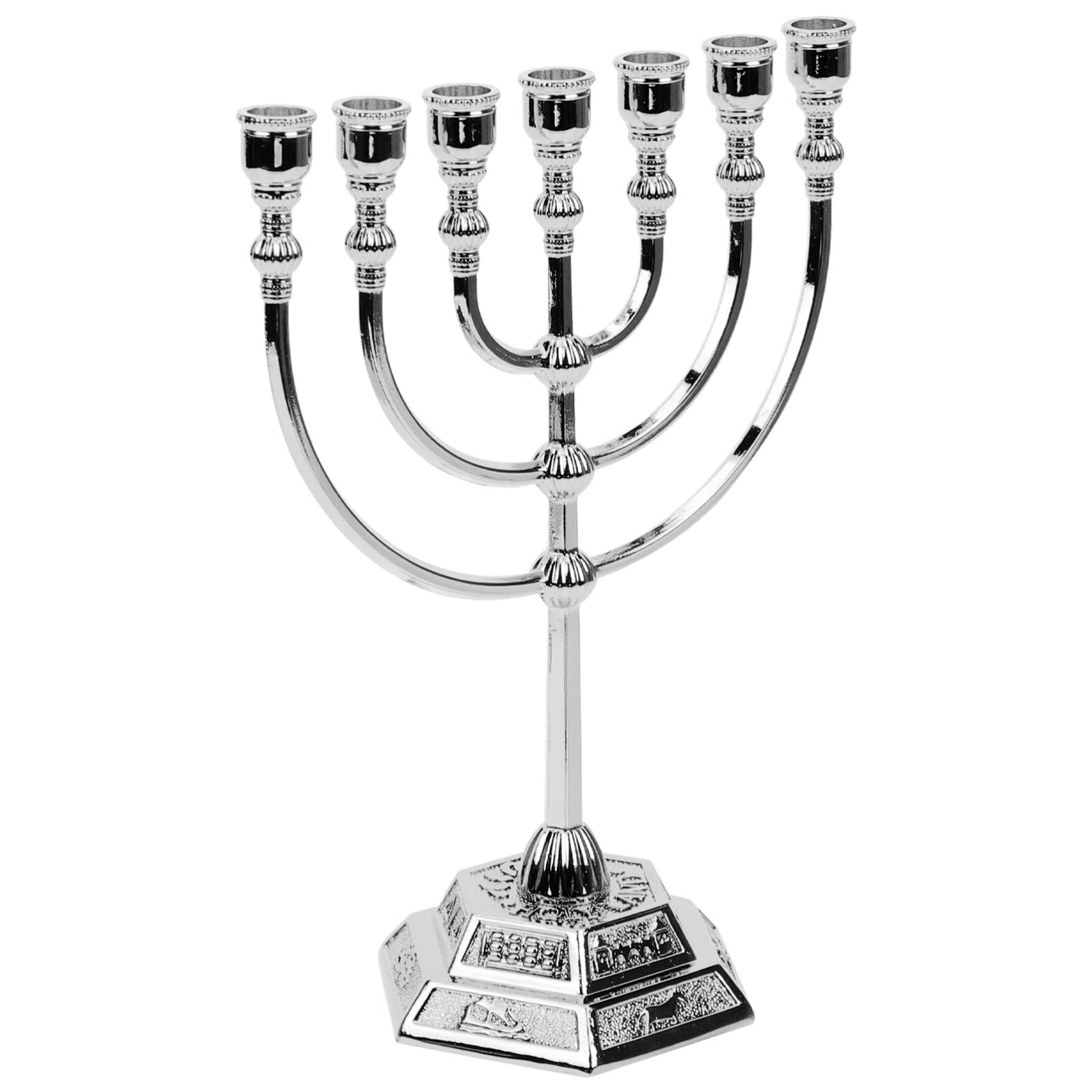 Traditional Jerusalem Temple Candle Holder Menorah Jewish 7 Branch Israel Candlestick Candle Holders 17cm Hexagonal Base Jewish Candle Holder Holy Land Silver