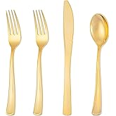Joyido 300 Pieces Gold Plastic Silverware - Heavy Duty Disposable Cutlery Set - Gold Disposable Utensils Include 150 Forks, 75 Spoons, 75 Knives for Dinner, Parties, Weddings