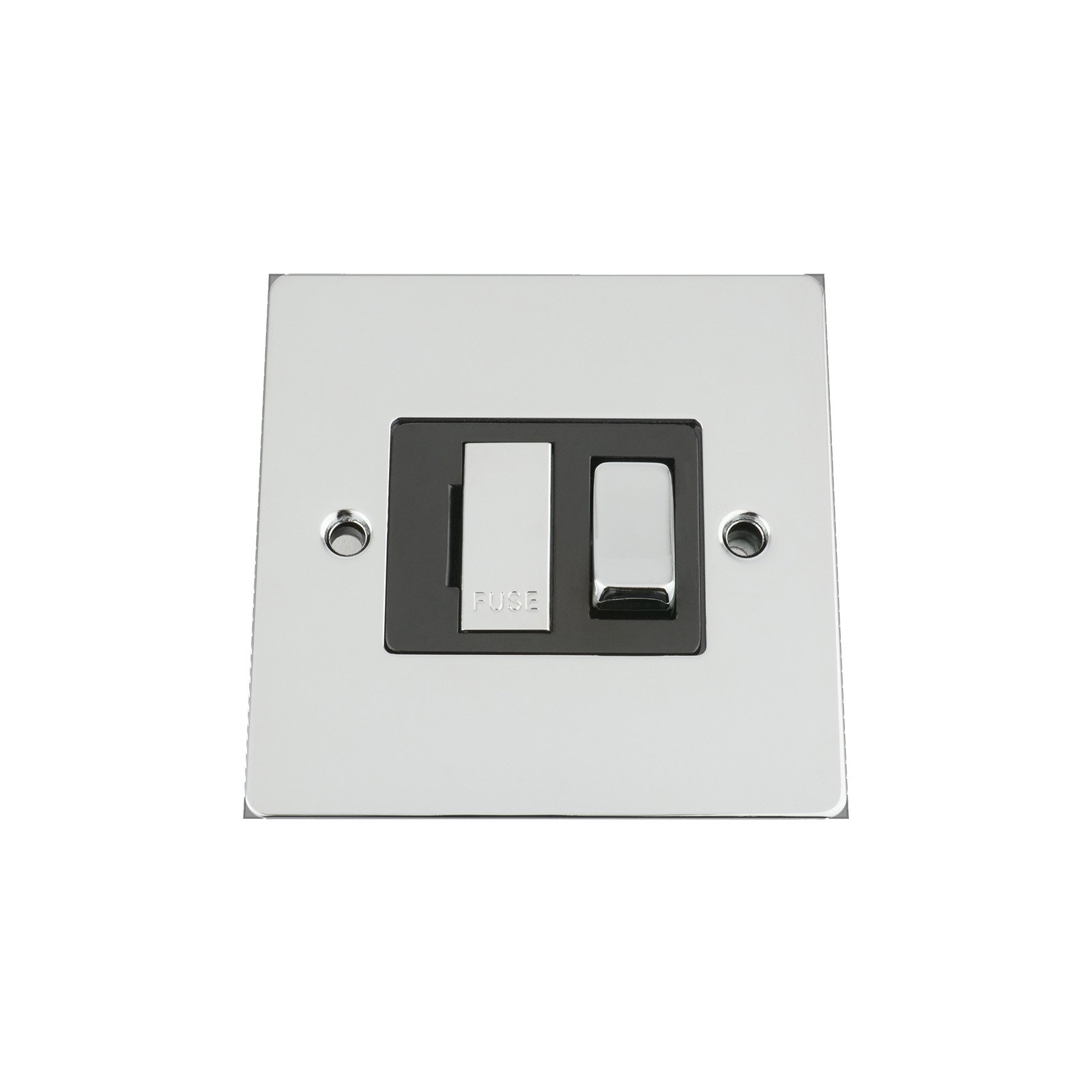 Switched Fused Spur Switch 13A -Polished Chrome -Flat -Black Insert -Metal Rocker Switch