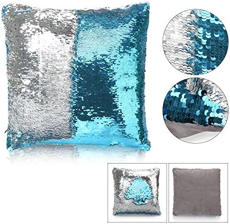 EagleUS Reversible Sequins Mermaid Pillow Cases Square Sofa Throw Pillowcase Cushion Case 16"X16" (blue-silver)