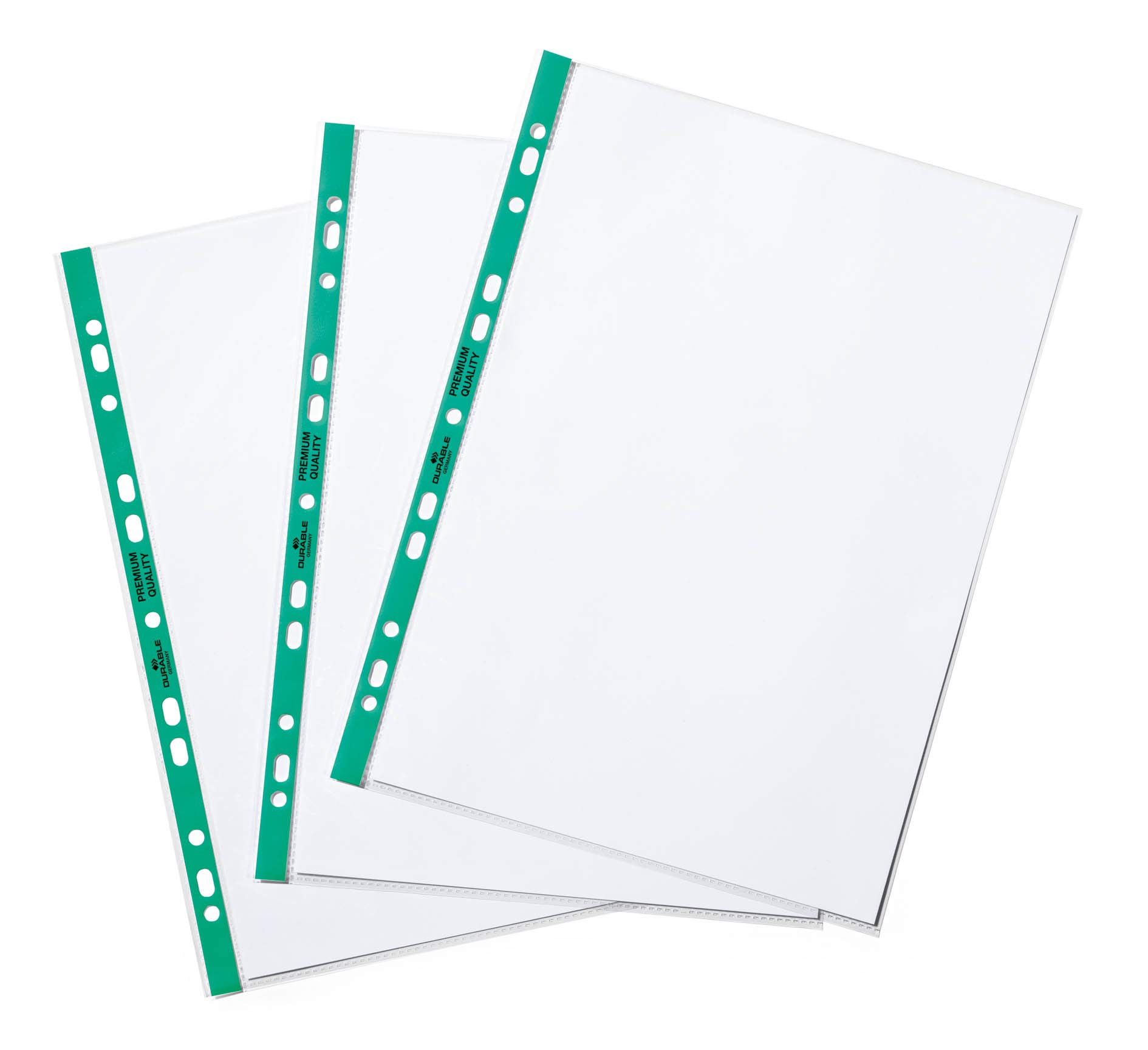 Durable Punched Pocket A4, Open Top, Crystal Clear, 90 my, Transparent with Green Perforated Spine, 100 Pieces