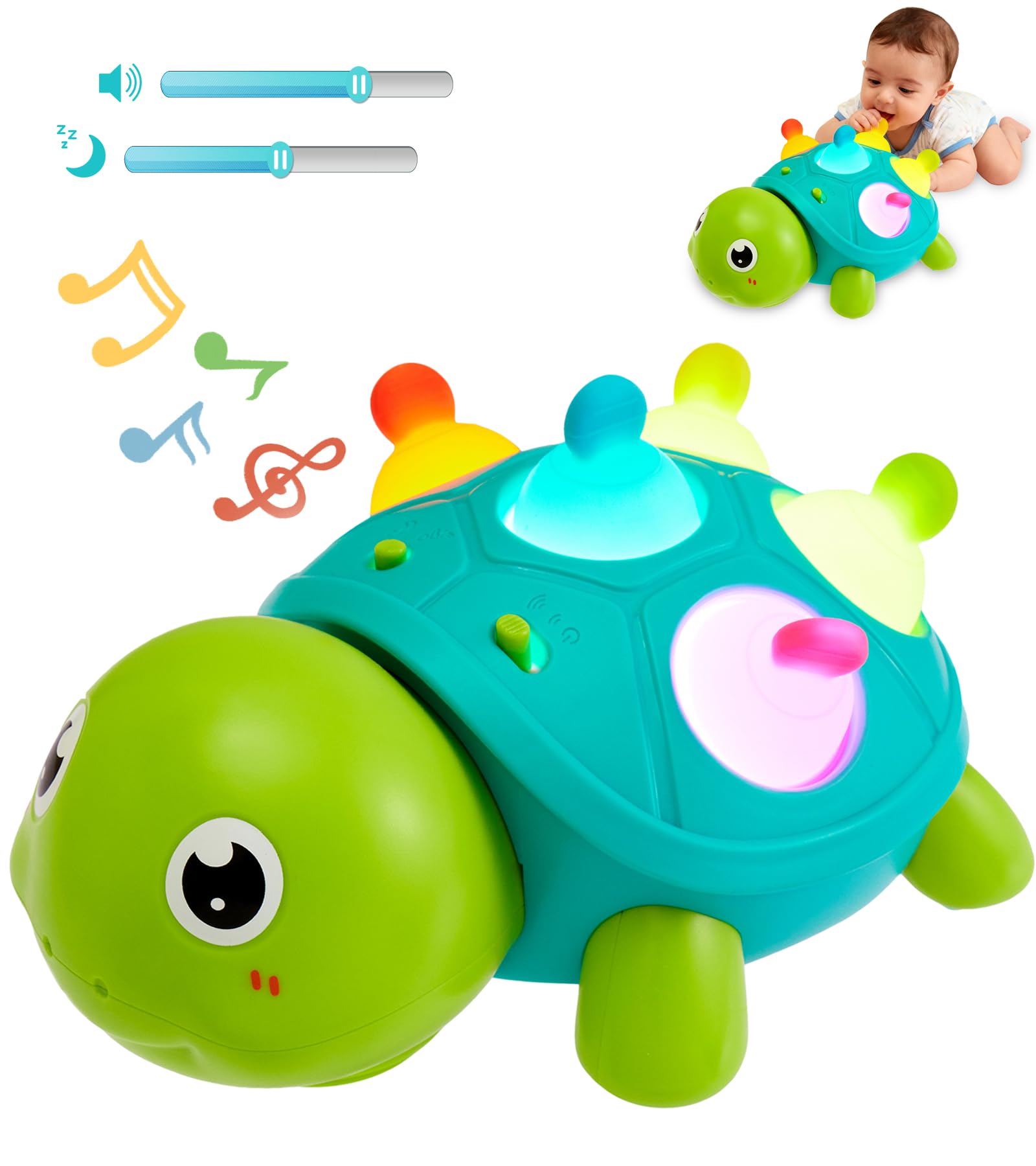Musical Crawling Turtle Baby Toy for 6-12-18 Months, Light-Up Tummy Time Sensory Montessori Early Learning & Motor Skill Toy for Infants, Christmas or Birthday Gift for 1 2 3 Year Old Boys Girls
