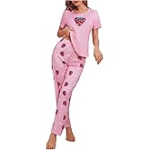 SweatyRocks Women's 2 Piece Pajama Sets Strawberry Fruit Print Short Sleeve Top and Pants Sleepwear