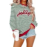 ZTLUOGF Christmas Sweatshirts For Women Jolly Glitter Patch Crewneck Sweatshirt Xmas Long Sleeve Striped Pullover Top
