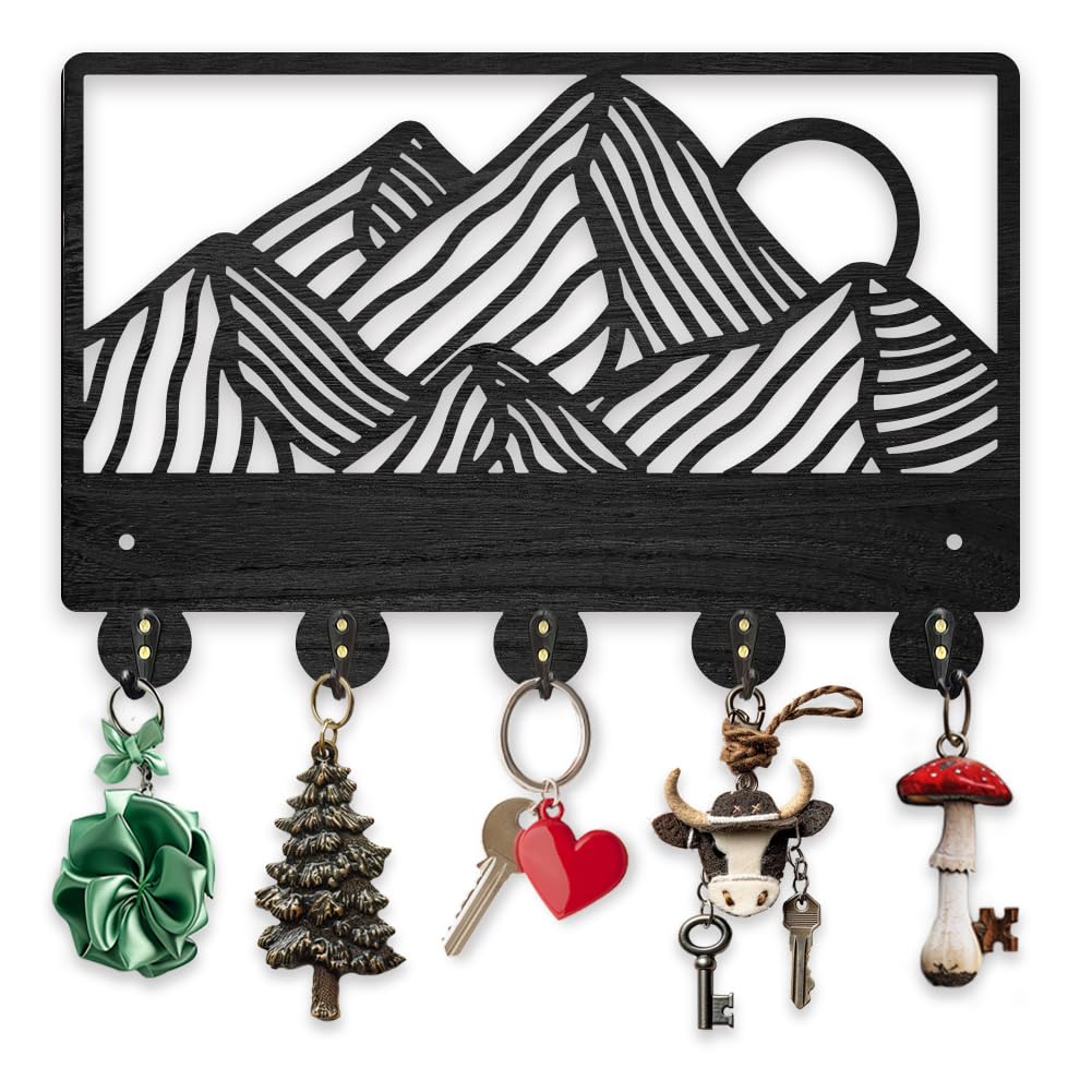 MAYJOYDIY Wooden Mountain Sunset Key Holder, 30x20 cm Wall Mount, 5 Alloy Hooks, Natural Scenery Design for Entryway Hallway Kitchen Bedroom