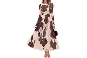 MEROKEETY Women's Long Sleeve Fall Wedding Guest Dress 2025 Crewneck Floral Flowy Mesh Cocktail Maxi Dresses