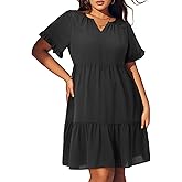 Pinup Fashion Women's Black Summer Dress Plus Size Tunic Babydoll Casual Tiered Short Sleeve V Neck Shift Flowy Loose Ruffle Sundress