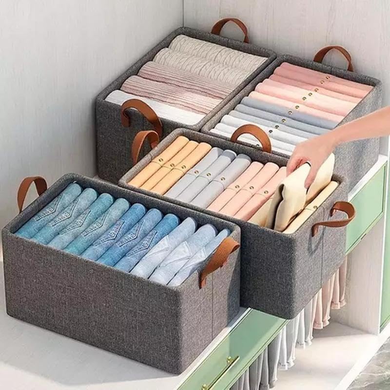 Kit 3 Cestos Organizadores Dobráveis de 26 Litros Caixas Multiuso Com Alças Dupla para Guarda Roupas, Armário, Lavanderia, Malha de Nylon Cinza Resistente e Lavável