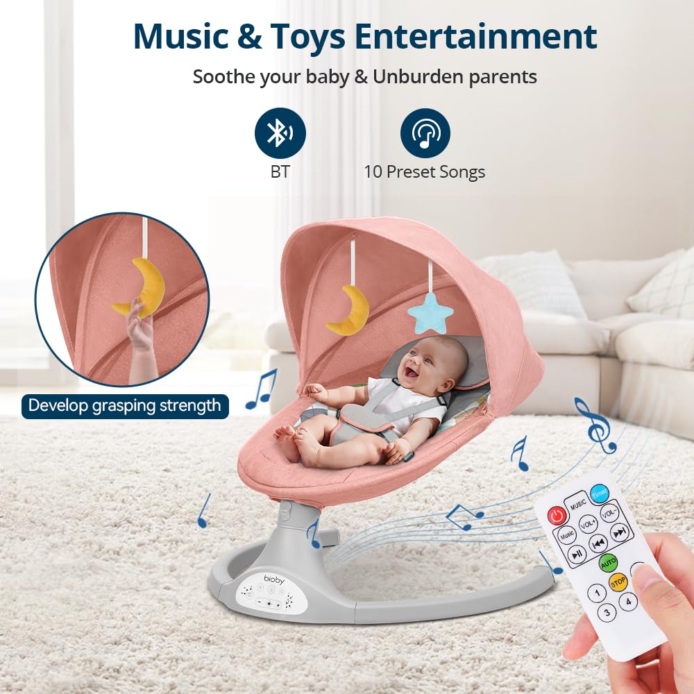 Bioby Baby Swing for Infants with 5 Natural Sway Speeds, Portable Bt Music Baby Bouncer with Remote Control & 5-Point Harness, Lightweight Baby Rocker for 5-20 Lb,0-12 Months Pink