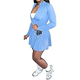 Adogirl Two Piece Tennis Skirt Sets for Women with Shorts Long Sleeve 2 Piece Outfits Zipper Jacket Pleated Mini Dress
