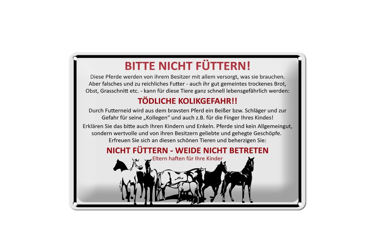 Tin Sign 20 x 30 cm Arched with German Text 'Bitte Nicht füttern!' [German Language] Horse Willow Decorative Gift Sign White