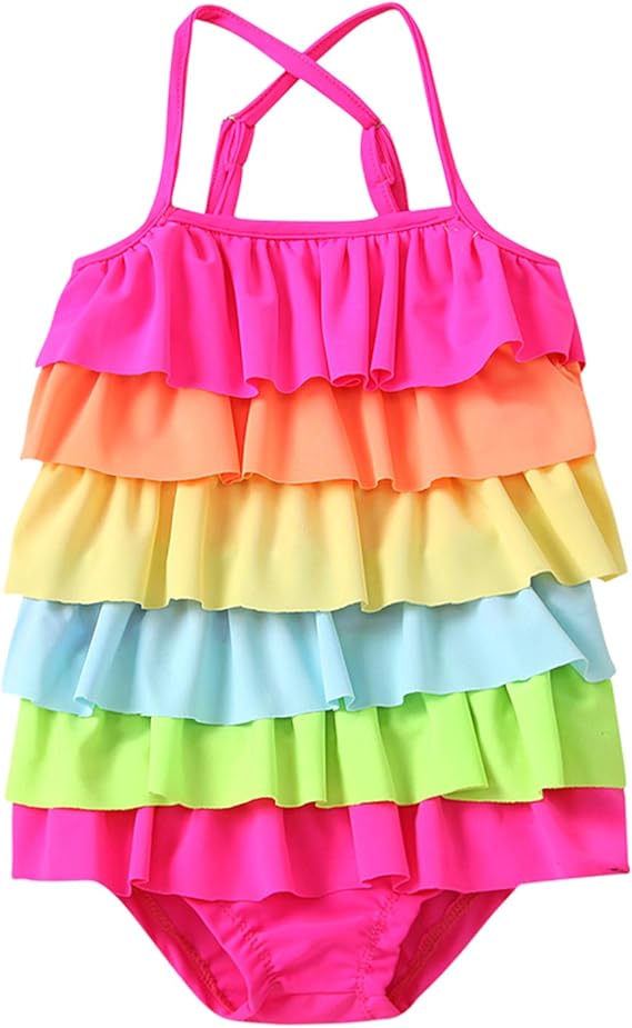 Little Girl's Fashion Rainbow Color OnePiece Swimsuit Stylish Sleeveless Bathing