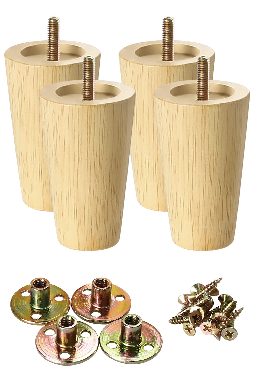 GOSCHE Sofa Legs Set of 4, Wooden Furniture Legs 10cm, Modern Style Replacement Furniture Feet for Bed Cabinet Chair Cupboard Armchair, Family DIY Sofa Feet with Screws Mounting Plate