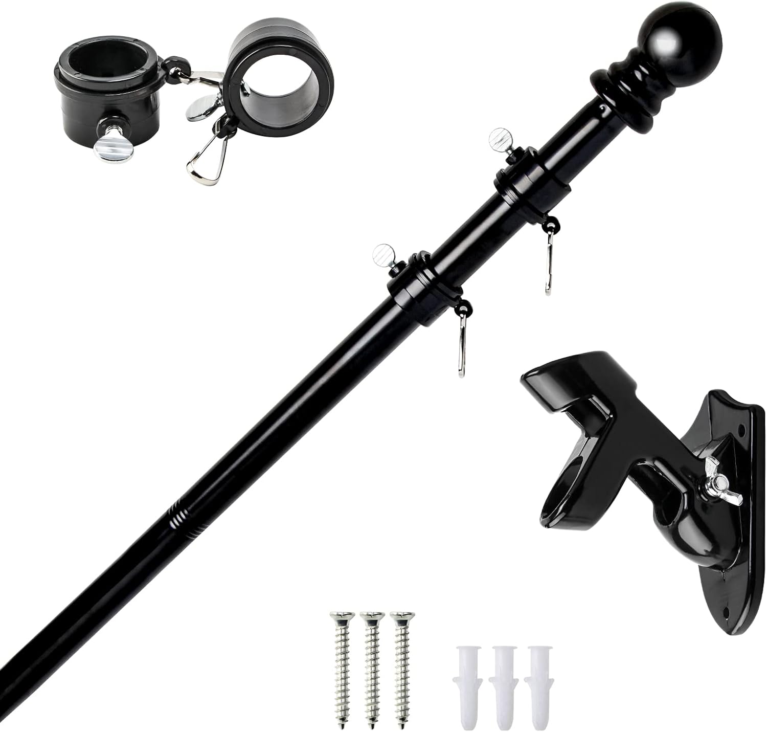 Flagpole Hardware - Chrider Flag Pole Kit, 6FT Flag Pole with Bracket, Flagpole Kit American Flag with Pole Holder, Stainless Steel Outdoor Flag Pole for House Roof Garden Yard Truck (Black Flag Pole with Black Bracket)