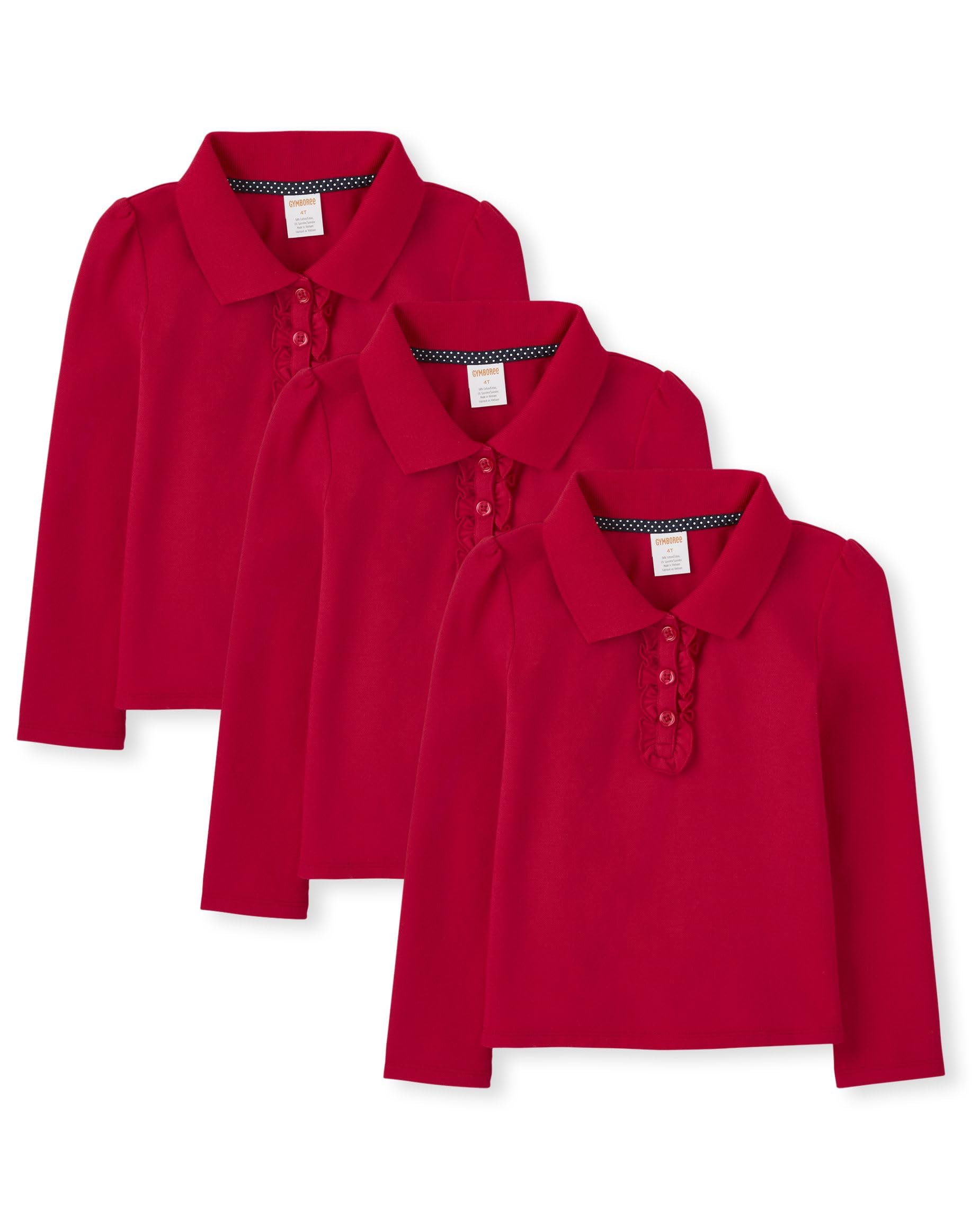 Gymboree,Girls,and Toddler Long Sleeve Ruffle Polo Shirt,Red 3-Pack,8