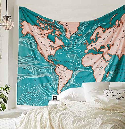 QNJins Wall Art Home Decor Tapestry Retro Ocean Blue World Map Wall Tapestry Wall Hanging (Large, Blue)