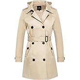FARVALUE Women's Waterproof Trench Coat Double Breasted Windbreaker Classic Belted Lapel Overcoat with Removable Hood