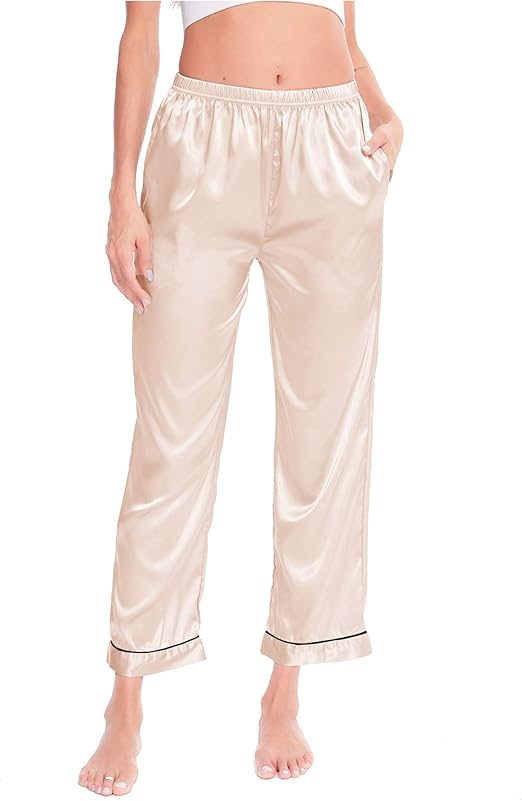 SWOMOG Women's Satin Pajama Pants Long Sleeve Silky Sleep Pants Loungewear Pj Bottoms Pants 