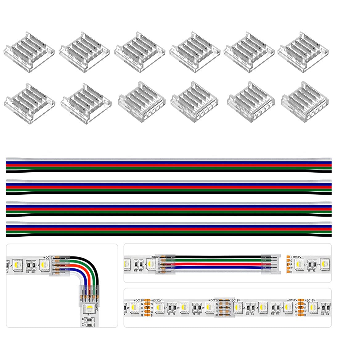 BTF-LIGHTING 5pin SMD 12mm Connector kit 12pcs Transparent Connector 4pcs 15cm Long 22AWG Extension Cable Wire to Board for gapless Soldering and 5pin LED Light Corner Connection