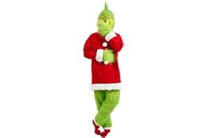 Ahititi Christmas Costume for Men Green Big Monster Adult Santa Suit 5PCS Deluxe Furry Cosplay Xmas Halloween Outfit Set