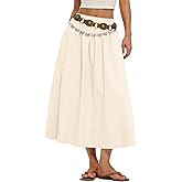 LOMON Midi Skirts for Women A-Line Cotton Flowy Maxi Skirt Boho Summer Beach Casual Elastic Waist Dress Outfit with Pockets