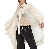 Ruffle Sheer Tops for Women Flowy Long Sleeve High Low Hem Blouse Top See Through Chiffon Poncho Capes Tops