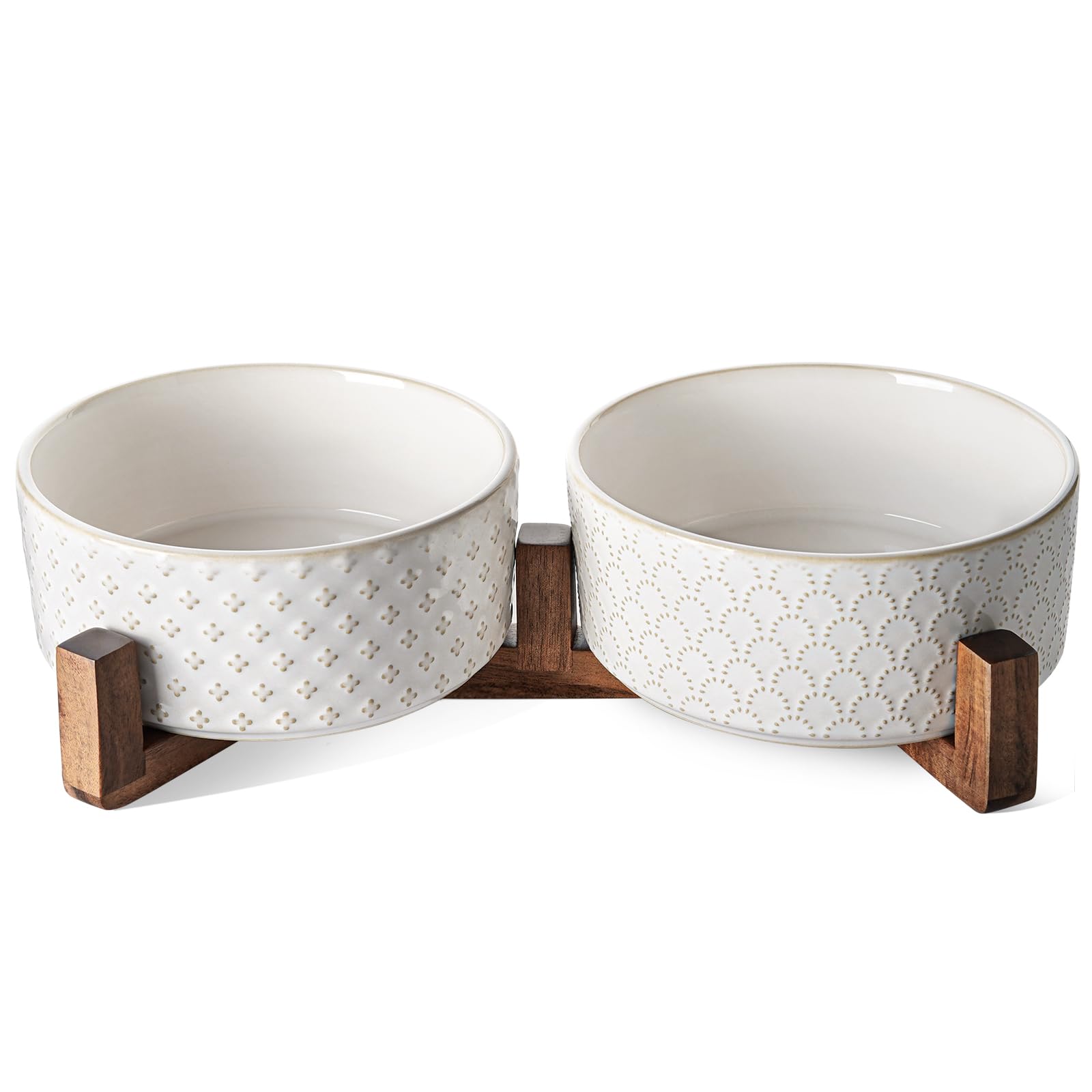 Photo 1 of LE TAUCI Ceramic Dog Bowls with Acacia Wood Stand - 7 Inch Food & Water Set for Medium-Large Dogs - Weighted Pet Bowls