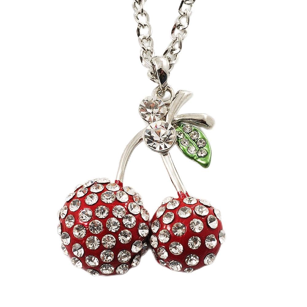 Avalaya Long Double Cherry Crystal Pendant (Red)