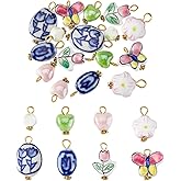 Hobbspring 8 Styles Handmade Porcelain Flower Butterfly Beads with Iron Loop Colorful Ceramic Round Charms Cute Heart Craft Pendant Beads for DIY Craft Keychain Bracelets Necklaces Making