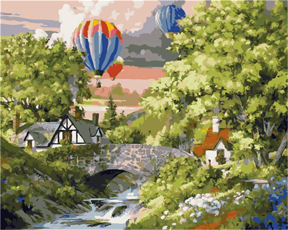 YEESAM ART DIY Paint by Numbers for Adults Beginner, Green Scenery River Hot Air Balloon 16x20 inch Linen Canvas Acrylic Stress Less Number Painting Gifts