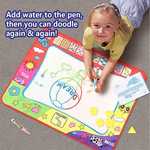 D-FantiX Kids Water Doodle Mat,Large Water Drawing Mat 4 Colors Writing Painting Toddlers Doodle Board Pad with 2 Magic Pen for Girls Boys Educational Gift 31.4 x 23.6in