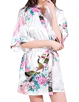 Peignoir Kimono En Satin Avec Motif Paon - Négligée Élégante Pour Mariage, Cadeau Romantique - Taille Unique