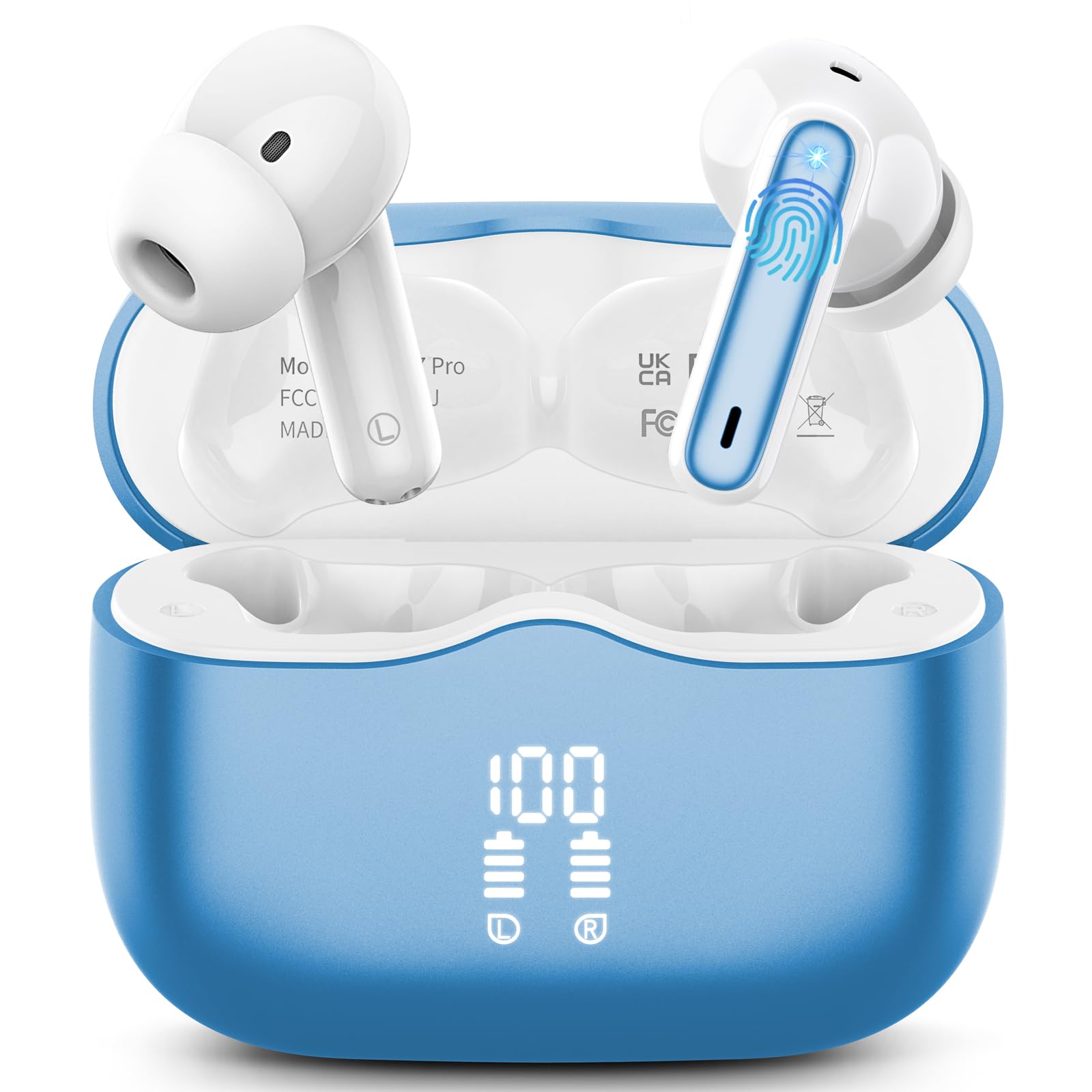 Photo 1 of **NO USB CABLE**Wireless Earbuds, Bluetooth 5.4 Headphones in Ear with 4 ENC Noise Cancelling Mic, New Wireless Earphones HiFi Stereo Deep Bass 40H Playtime, In-Ear Bluetooth Earbuds LED Display IP7, USB-C, Lake Blue