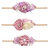 mligril Baby Girl Floral Headbands- 3pcs Nylon Headband Handmade Flower Crown Elastic Hairband Newborn Toddler Hair Accessories Gifts for Girls (1-6 years old)