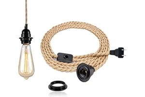 FRIDEKO HOME 15FT Pendant Light Kit with Switch - Easric Vintage Hanging Lights with Plug in Cord Hanging Lamp Cord with Twisted Hemp Rope E26 Socket DIY Light Fixture for Farmhouse Home Bedroom Living Room