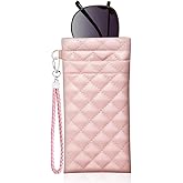 Yantoers Double Eyeglass Case Squeeze Top Glasses Pouch, Leather Soft Sunglasses Case with Carrying Strap (Pink)