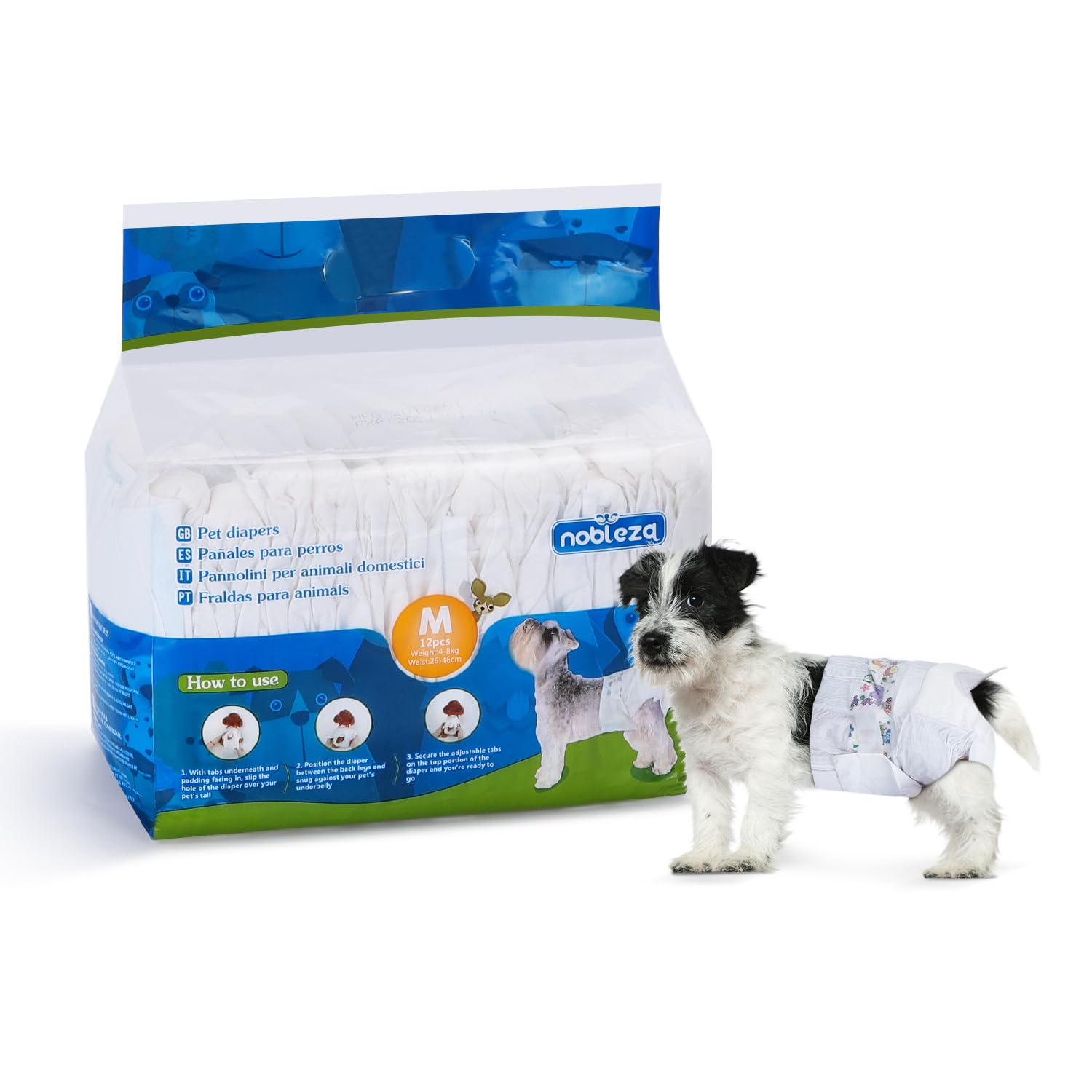 Nobleza - Disposable Dog Diapers Female, dog nappies female medium with Leak Proof Fit, Super absorbent, Pack of 12, Waist 10-18 Inch, Size M: 3-5KG