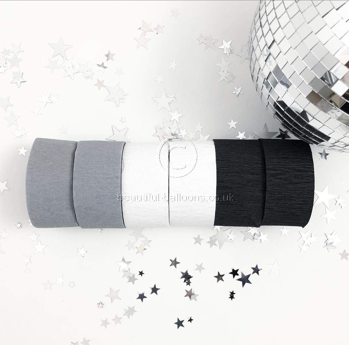 Beautiful Balloons 6 x Black, Silver & White Stylish and Chic Shade Range Crepe Roll Party Streamers