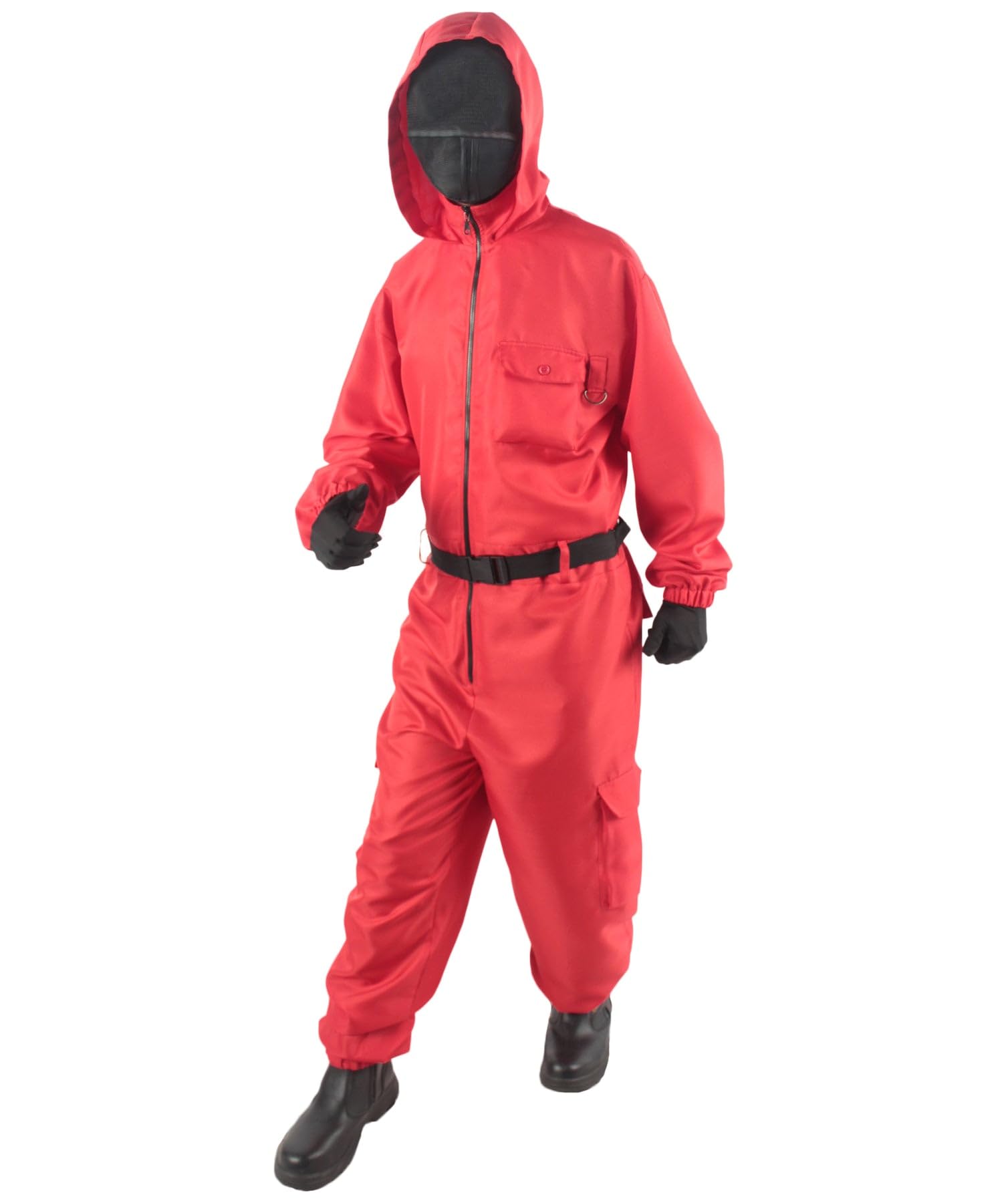 Photo 1 of M HPO Adult Unisex K-drama Survival Game TV Show Soldier Cosplay Costume Bundle, Red Jumpsuit Face Shield Belt Gloves, Soft Polyester Fibers (Medium)