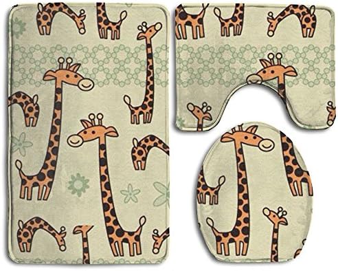 YU TING COOL Cartoon Giraffe Non-Slip 3-Piece Bathroom Mat Set Bath Mat + Contour Rug + Toilet Lid Cover Washable Rubber Backing