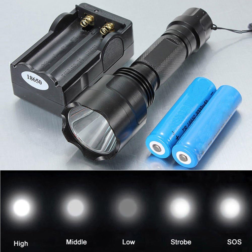 Tactical Flashlights 5000LM 5-Modes XML T6 LED 18650 Flashlight Torch Lamp w/ 2xBattery + Charger