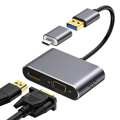 USB 3.0 to VGA Adapter,USB to HDMI VGA Adapter Hub with 1080P,2 Screens Same Display,Versatile USB C to USB Adapter, Compatible with Windows