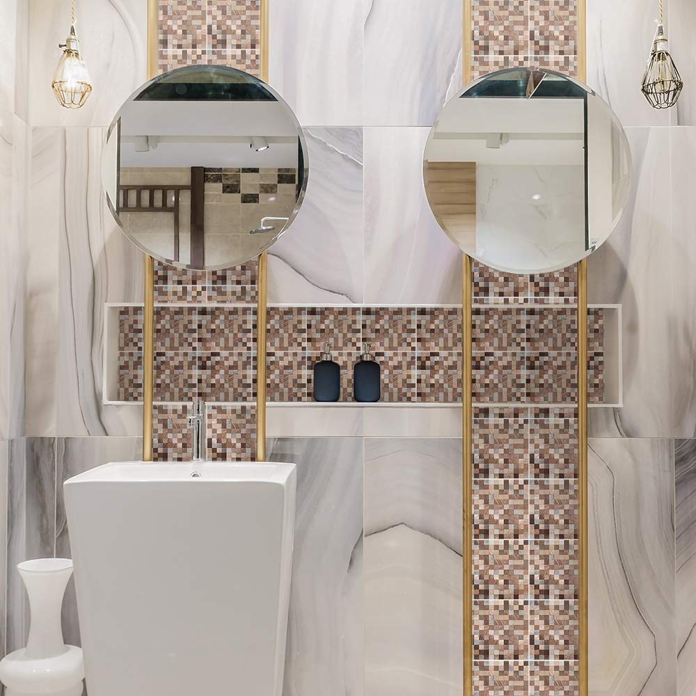 Floor Wall Tile Transfers Sticker for Home Decor, Peel & Stick self-Adhesive splashback, Tile Decals for Living Room Kitchen Bathroom Decor,15cmX15cmX 10 Pieces, Copper Metallic Mosaic Tile Sticker