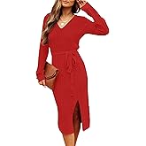 MEROKEETY Women's Winter Spring Long Sleeve Sweater Dress 2026 Fall V Neck Cable Knit Slit Bodycon Midi Dresses