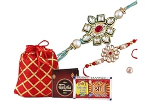 Kalakriti Rakhi for Brother Combo Set of 2 With Roli Chawal, Raksha Bandhan Greeting Card and Potli Bag Gift Pack