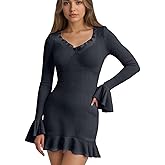 DinDinCAT Women's Ruffle Mini Dress Sexy V-Neck Bodycon Dress with Bell Sleeve Fit Slim Party Club Short Pencil Dresses
