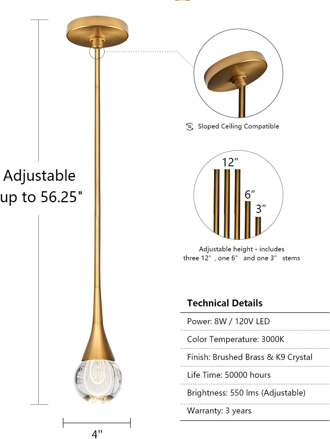 MOTINI 1-Light Gold Crystal Pendant Light in Brushed Brass Finish LED Teardrop Mini Bar Pendant Lighting for Kitchen Island, Bedroom, Bathroom, K9 Glass Fixture - - 