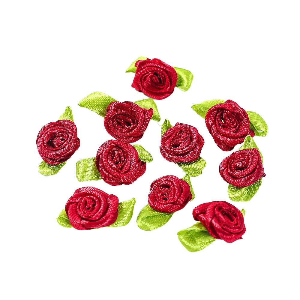 Pack of 100 mini Artificial Flowers Rose Heads,Bows Roses with Leaf,Rose Flower Heads Flower Heads for Crafts,Flower Appliquations,Confetti Decoration for DIY Crafts,Garland Scrapbooking,Wine Red