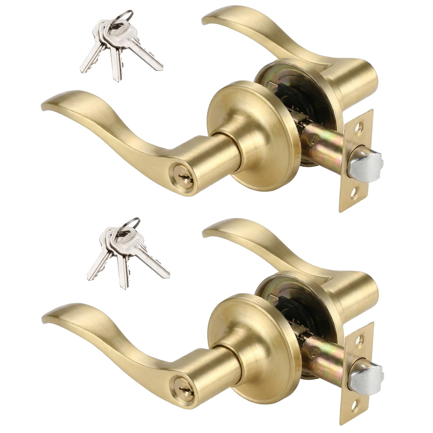 Photo 1 of 2 Pack of HENYIN Wave Lever Keyed Entry Door Lock/Door Knob Hardware Handle and Closet Lockset, Gold Color, with Key,Left Hand(805-G-L-2)