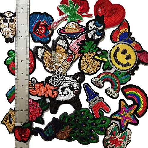 Czorange 29pcs Assorted Sequins Sewing on/Iron on Embroidered Patches for Clothes Jackets Hats Backpacks Jeans; Rainbows Roses Hearts Butterfly Animals Fruits Stars & More - Thumbnail 4